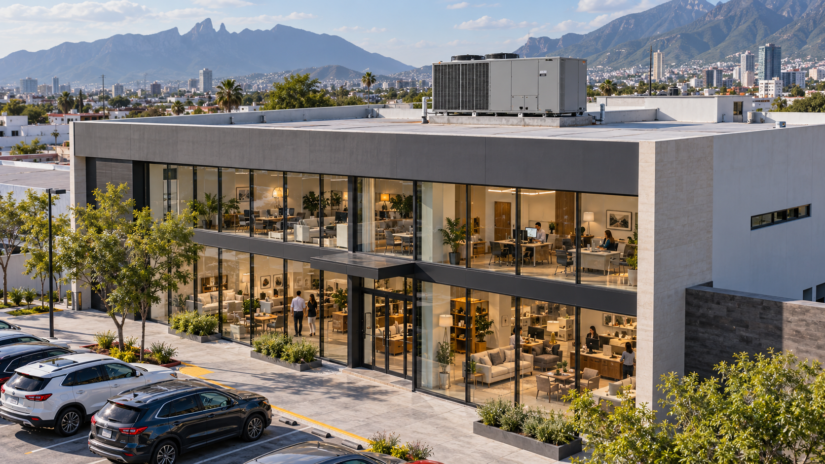 Ejemplo ilustrativo de un equipo de paquete instalado en la azotea de un edificio con oficinas y locales comerciales