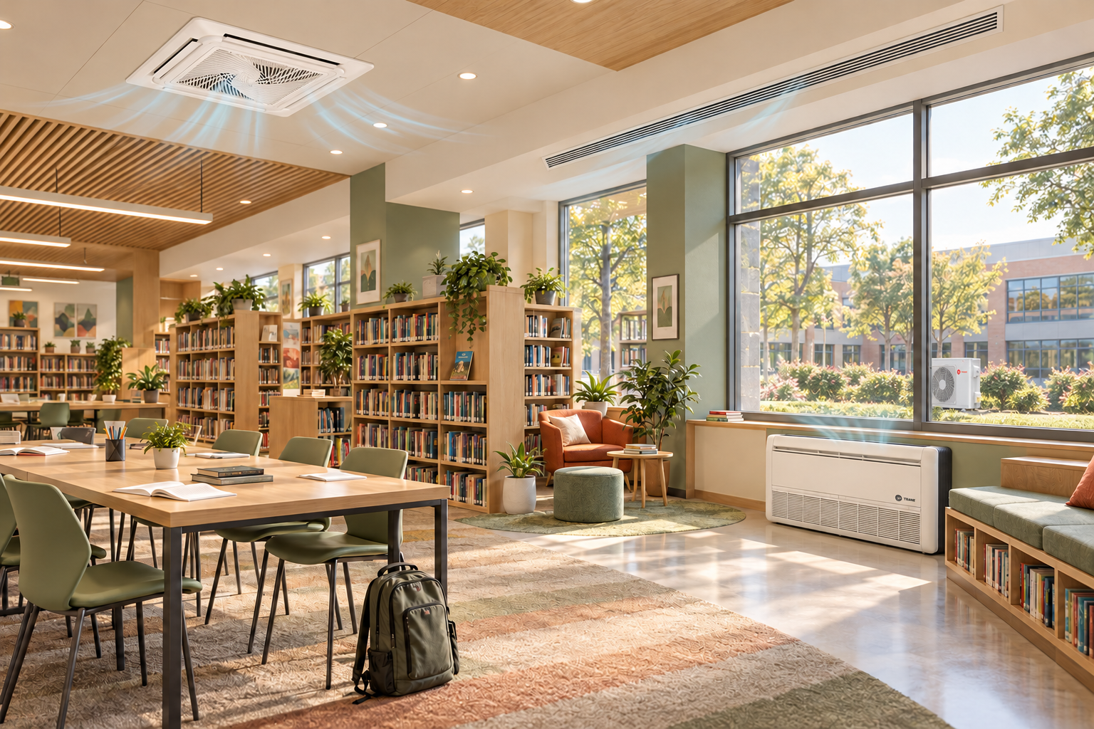 Ilustración conceptual de una biblioteca escolar con Cassette, distribución por ductos, Piso Techo y una condensadora exterior