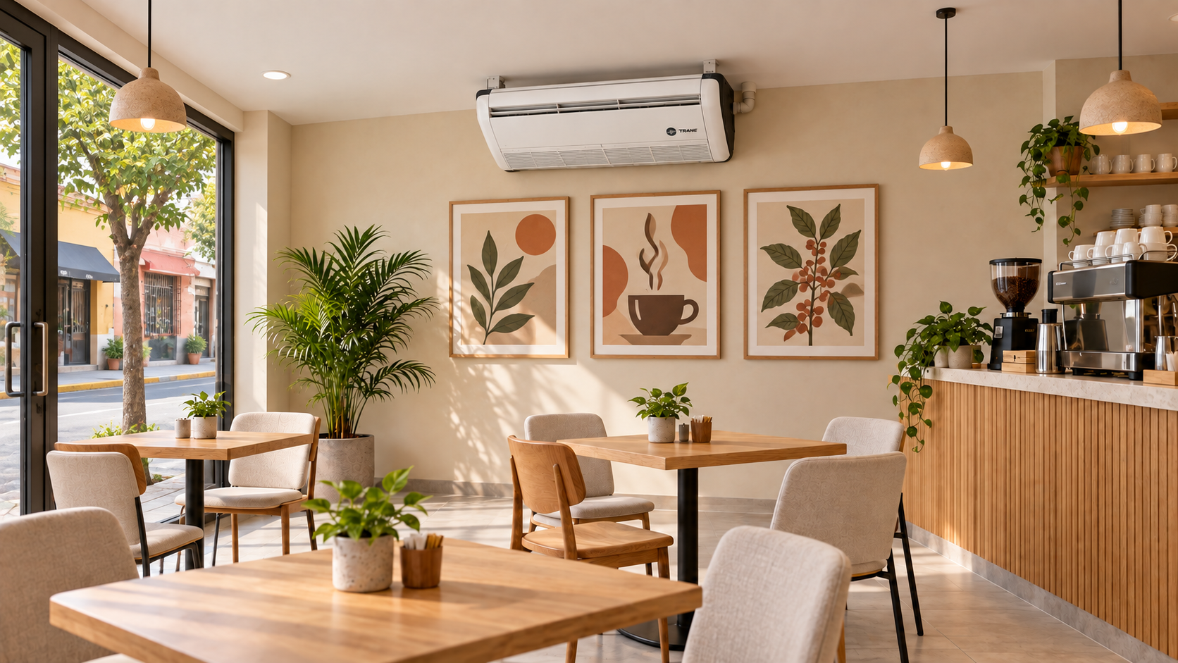 Cafetería a pie de calle con un equipo Piso Techo TRANE instalado bajo el techo