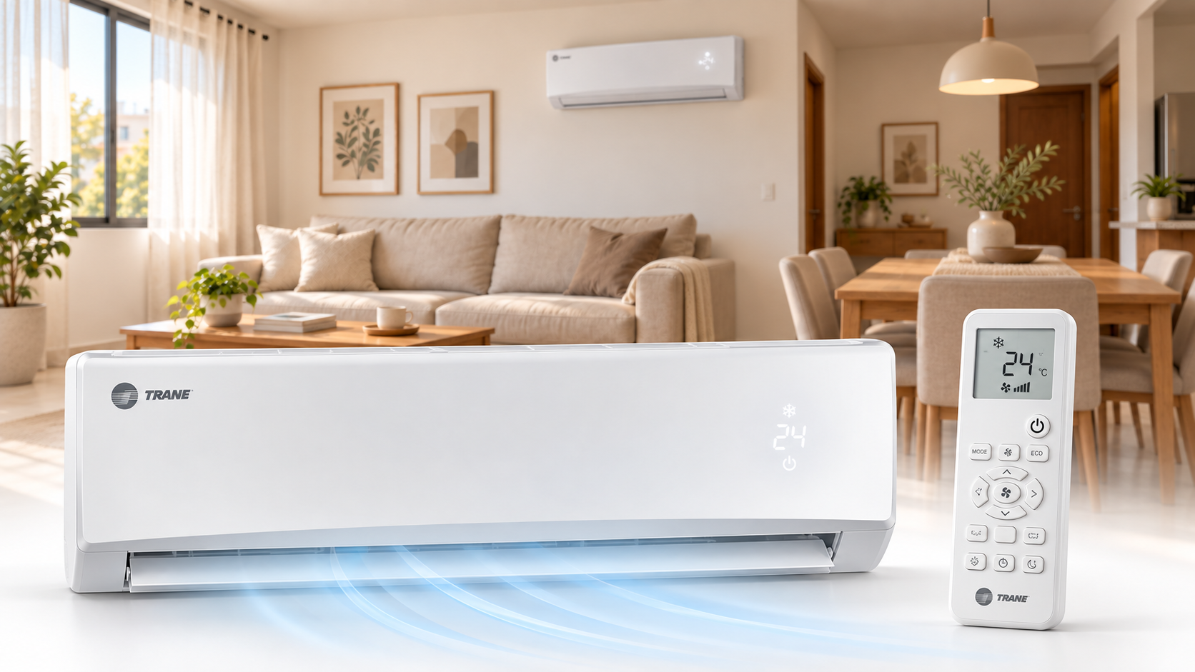 Minisplit TRANE instalado en una sala comedor de tonos neutros, con el equipo y control remoto en primer plano