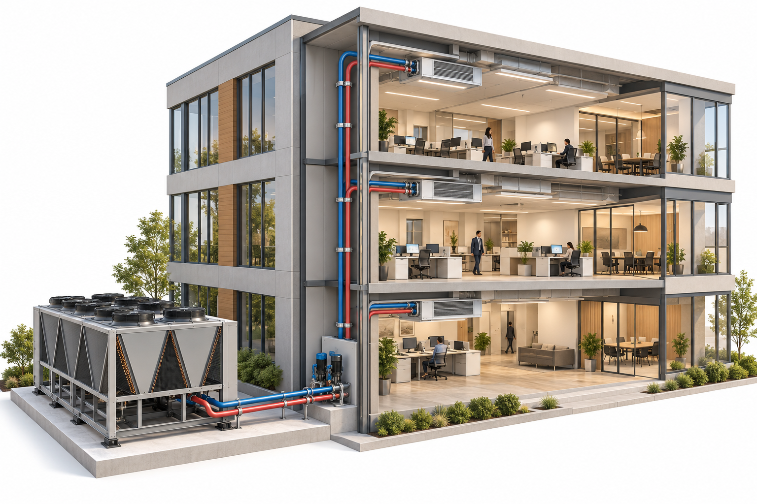 Ilustración de un chiller exterior conectado por tuberías de agua a unidades interiores de un edificio de oficinas